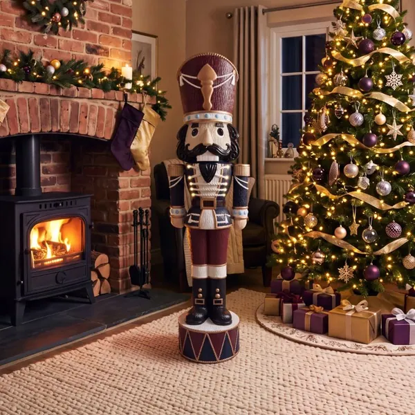 Elegant Heritage Otto nutcracker in navy and burgundy between a log burner and a Christmas tree